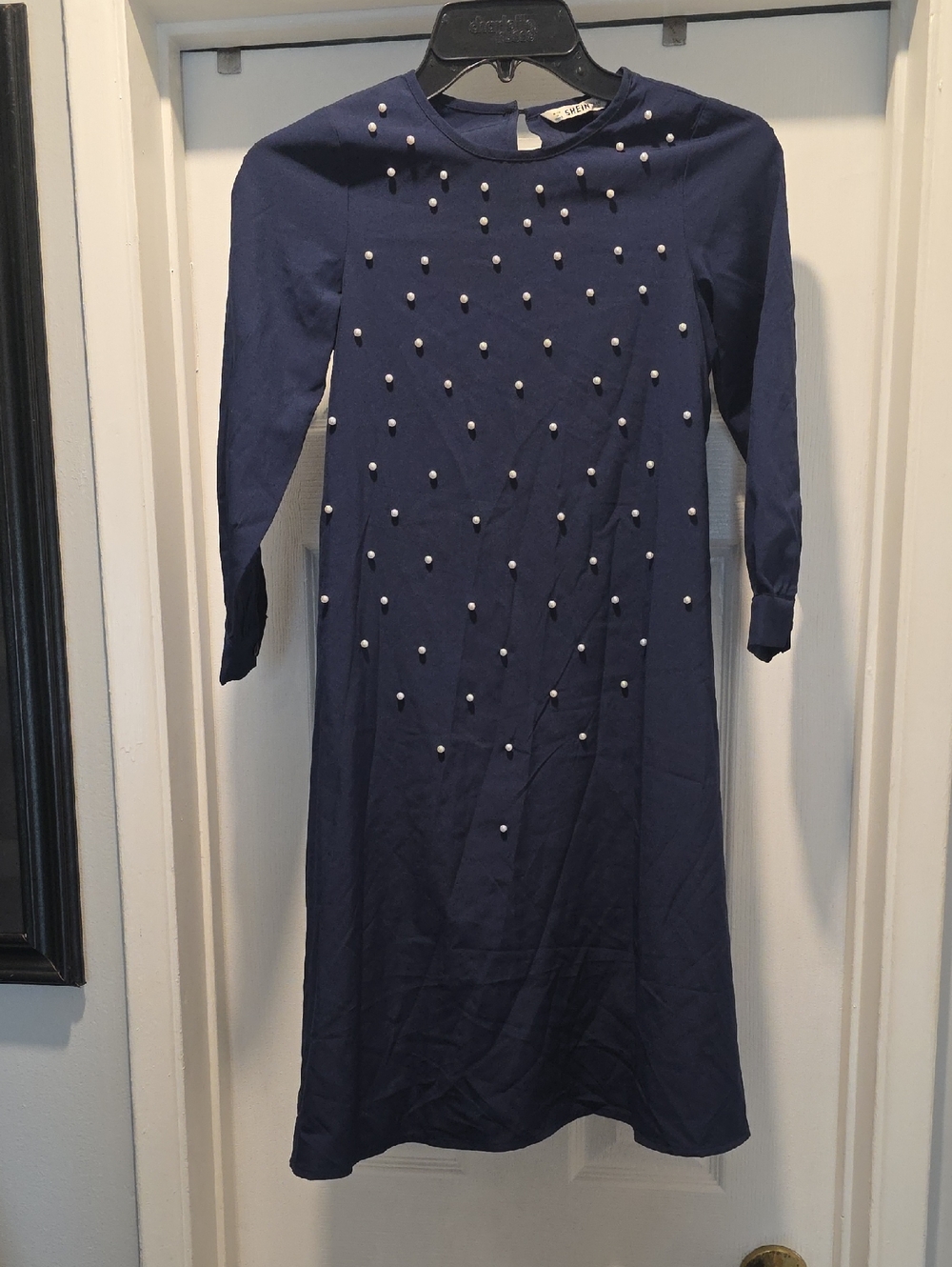 SHEIN Navy Long Sleeve Pearl-Accent Dress